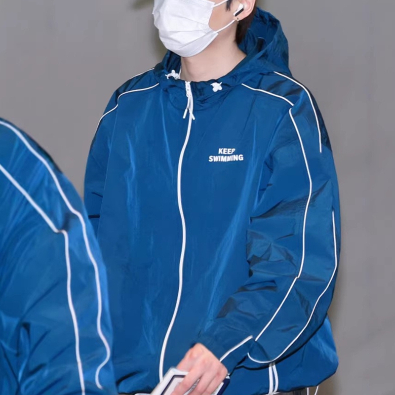 Windbreaker Anime Merchandise - Kpop Keep Swimming Print Zipper Blue
